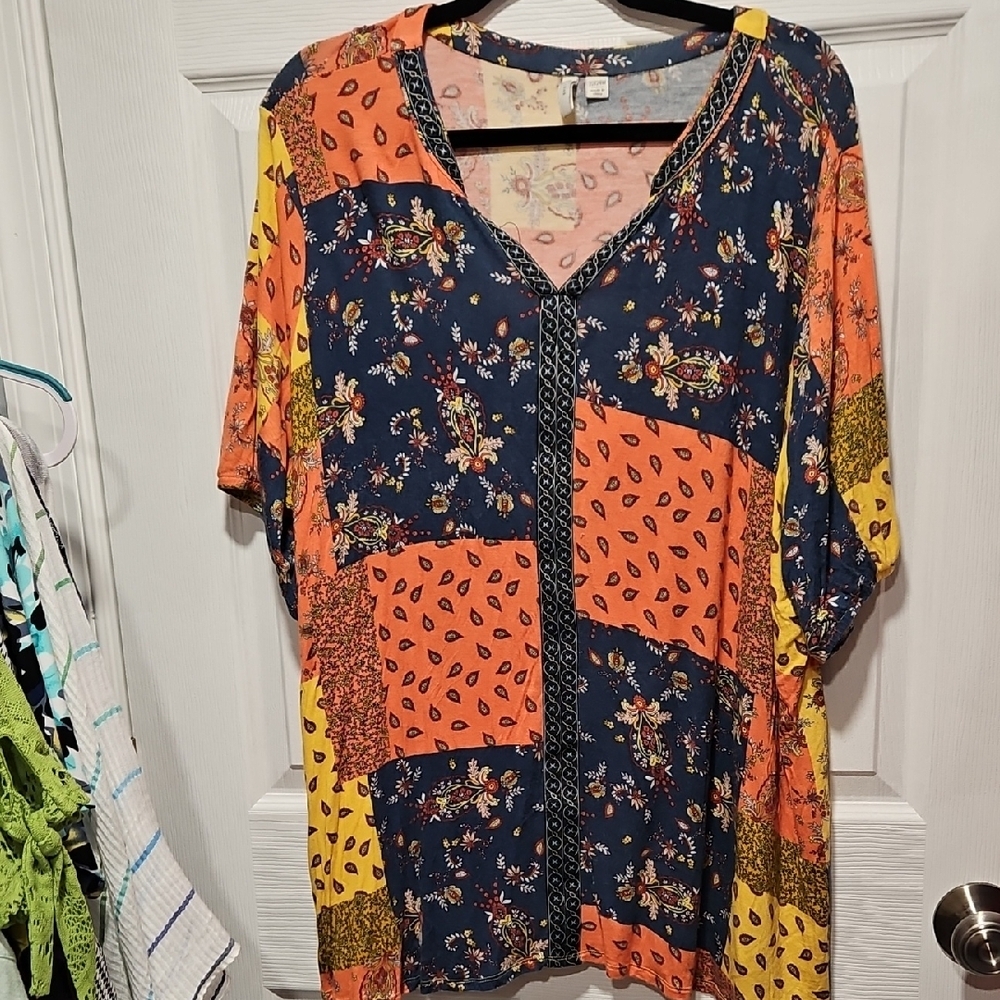 Cato Patchwork V-Neck Tunic Top — Navy, Orange & Yellow
